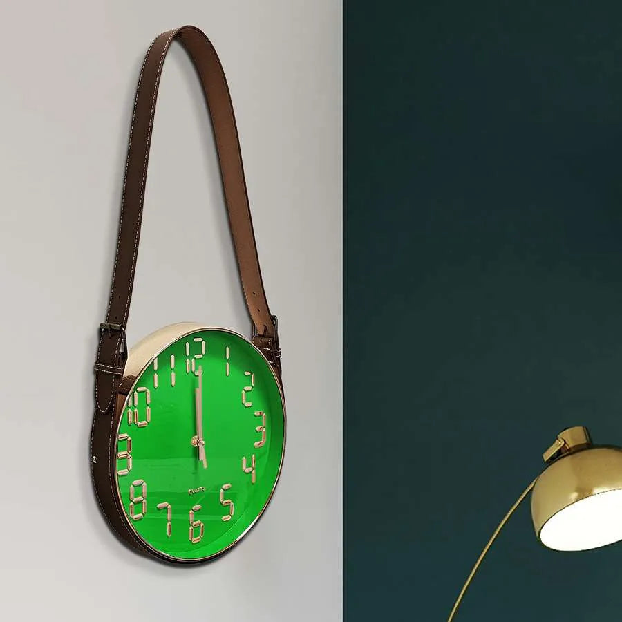 Hanging Wall Clock with Leather Strap – 30 cm, Black, Green, Orange or White - photo 12