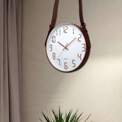 Hanging Wall Clock with Leather Strap – 30 cm, Black, Green, Orange or White - photo 8