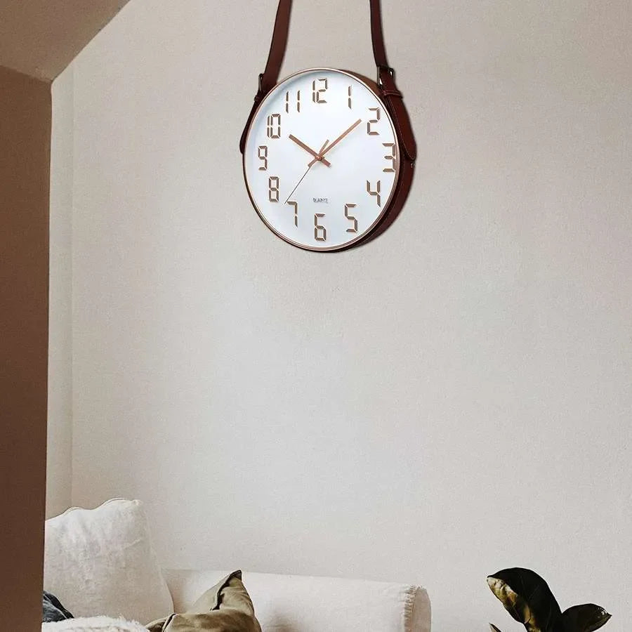 Hanging Wall Clock with Leather Strap – 30 cm, Black, Green, Orange or White - photo 9