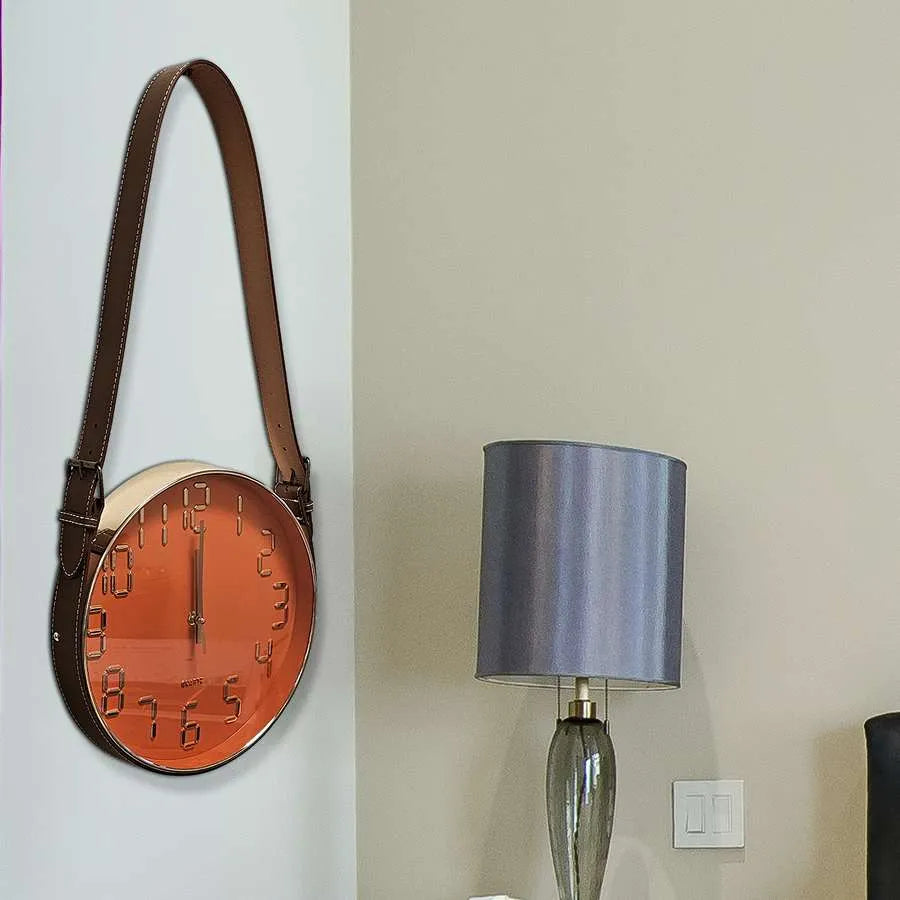 Hanging Wall Clock with Leather Strap – 30 cm, Black, Green, Orange or White - photo 10
