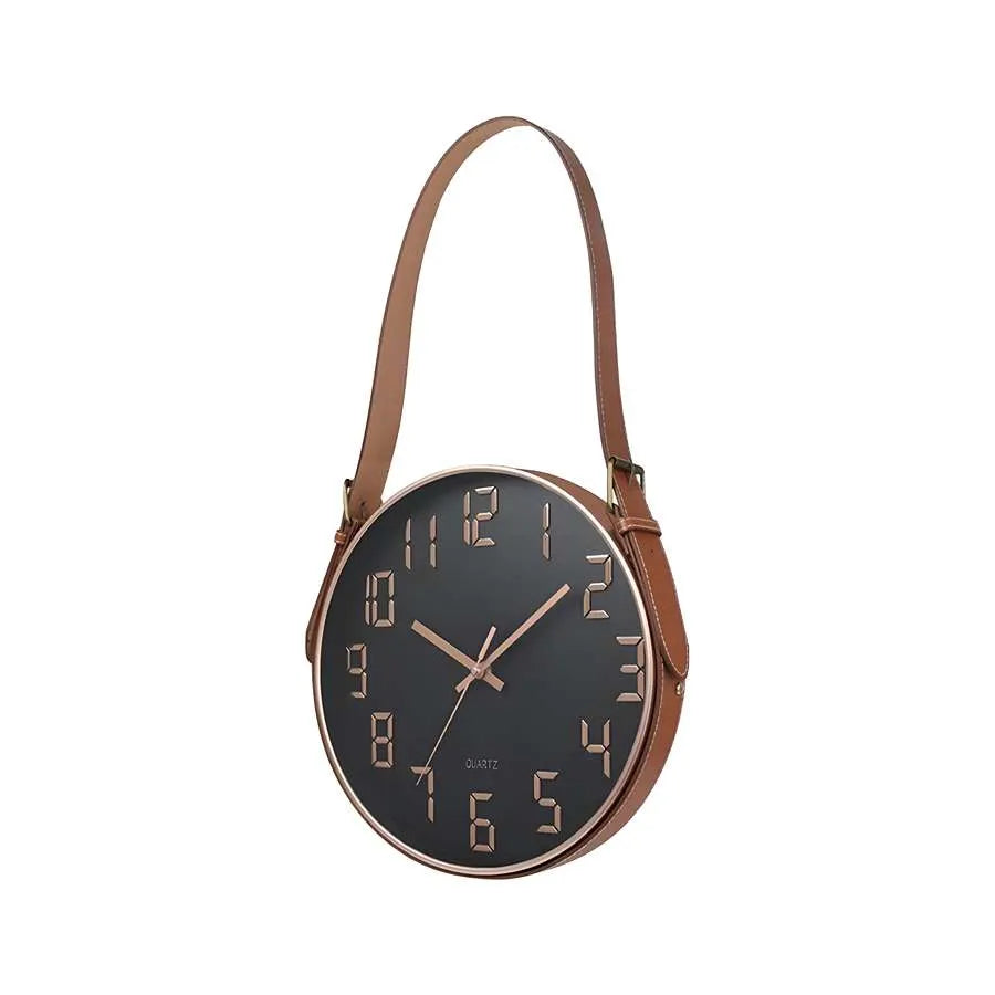 Hanging Wall Clock with Leather Strap – 30 cm, Black, Green, Orange or White - Black