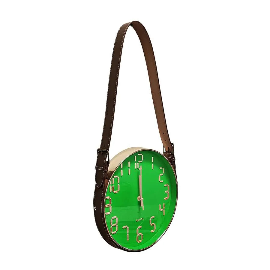 Hanging Wall Clock with Leather Strap – 30 cm, Black, Green, Orange or White - Green