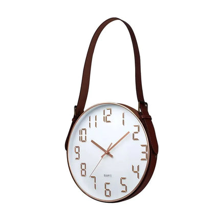 Hanging Wall Clock with Leather Strap – 30 cm, Black, Green, Orange or White - White