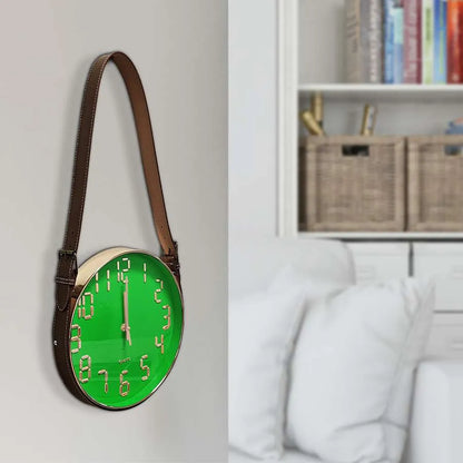 Hanging Wall Clock with Leather Strap – 30 cm, Black, Green, Orange or White - photo 2