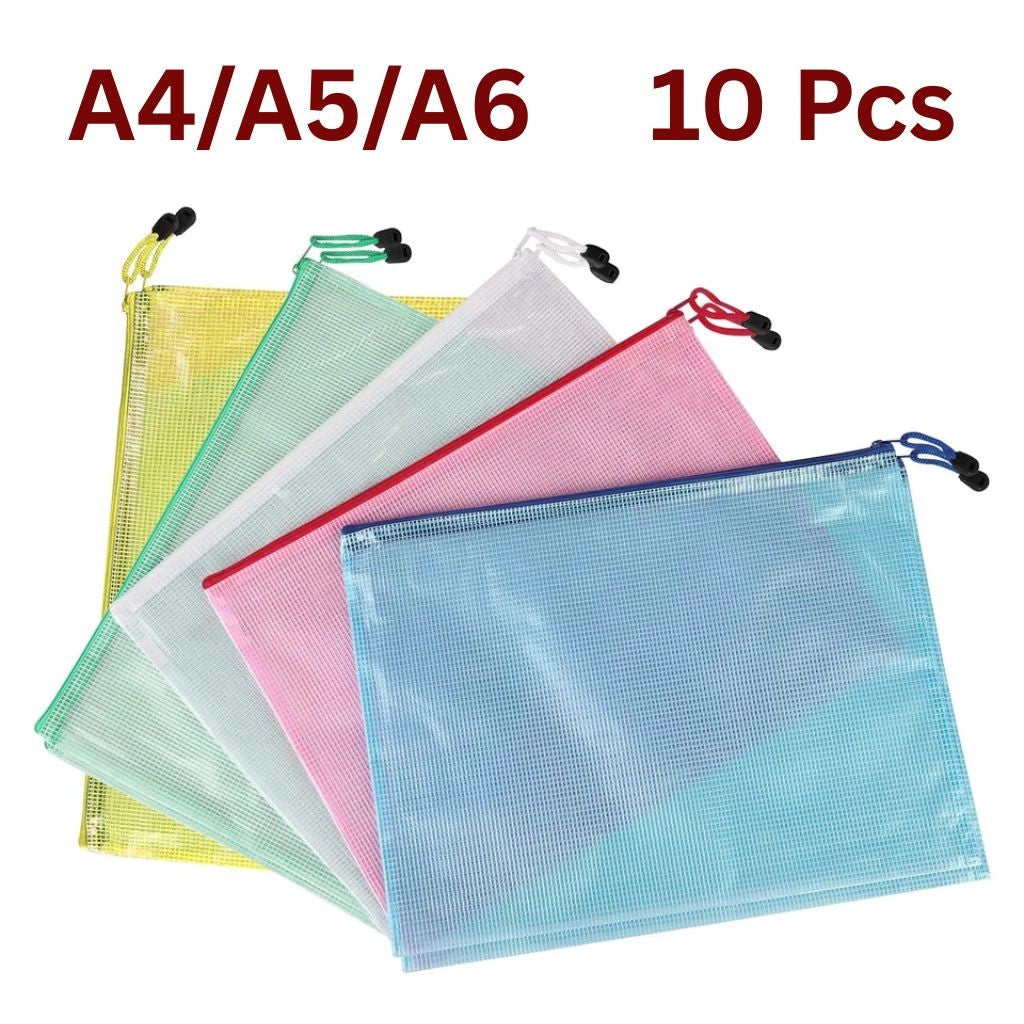 Mesh Zip Document Bags – Pack of 10, A4 or A5, Assorted Colours - A4