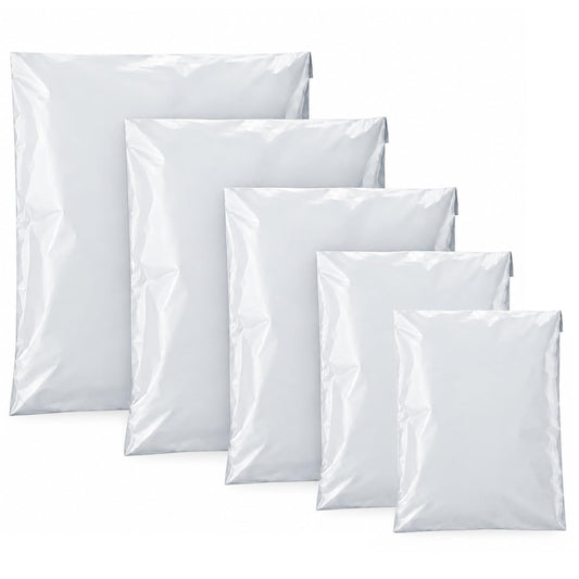 Mixed-Size Mailing Bags – Pack of 100, 5 Sizes, Black, Pink or White - White