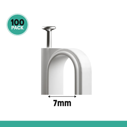 Round Cable Clips with Steel Nails, 7 mm – Pack of 100, White