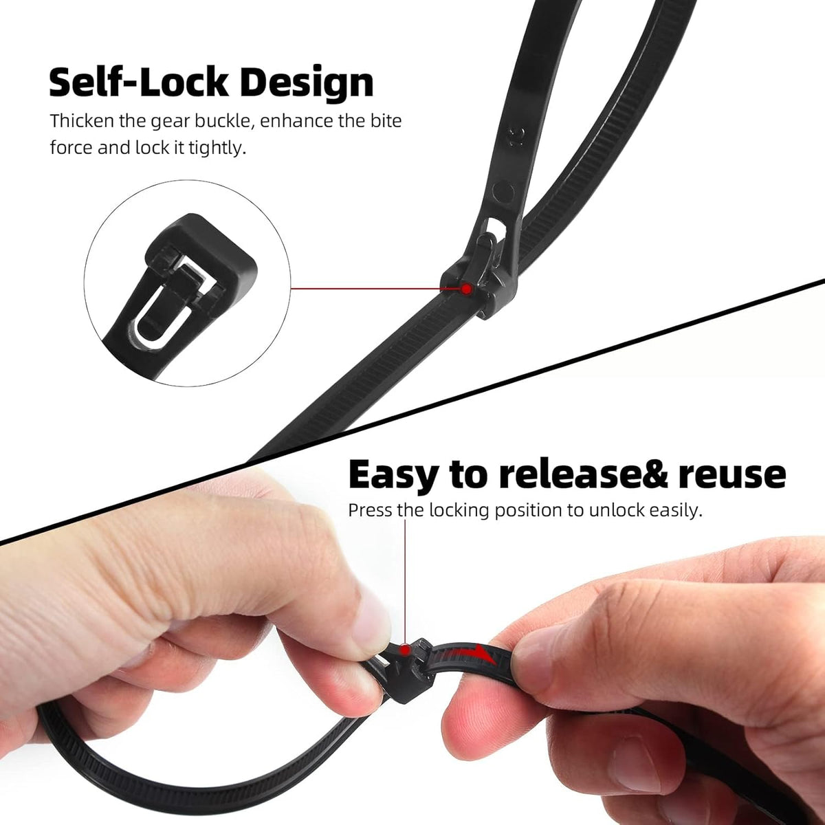 Releasable Nylon Cable Ties, Pack of 100 – Black or White, 200 to 300 mm - photo 7