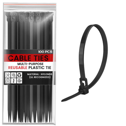 Releasable Nylon Cable Ties, Pack of 100 – Black or White, 200 to 300 mm - Black, 3.6 x 200 mm, 100 Ties
