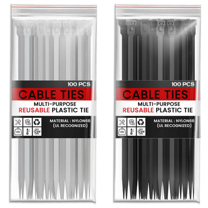 Releasable Nylon Cable Ties, Pack of 100 – Black or White, 200 to 300 mm