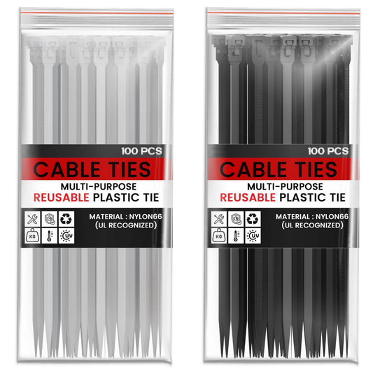 Releasable Nylon Cable Ties, Pack of 100 – Black or White, 200 to 300 mm