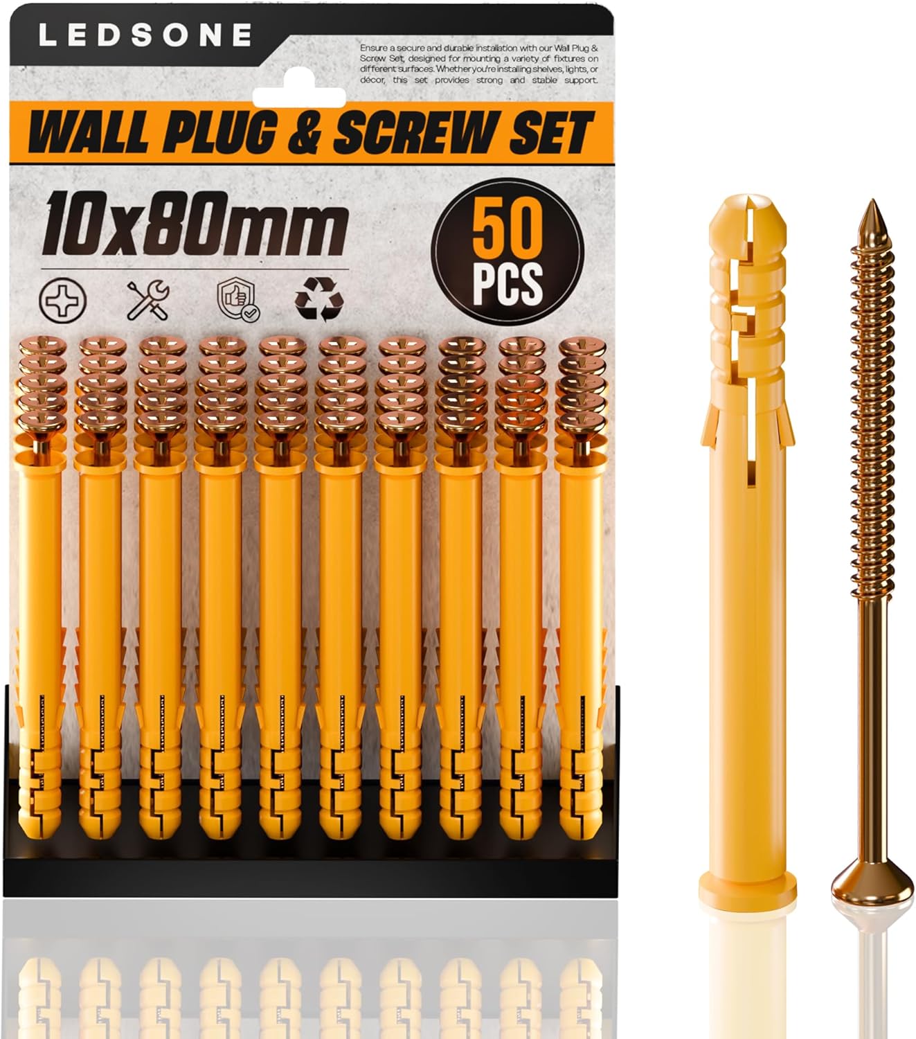 Yellow Wall Plugs and Screws 50pcs – Heavy Duty Raw Fixings for Masonry & Drywall~ 1162