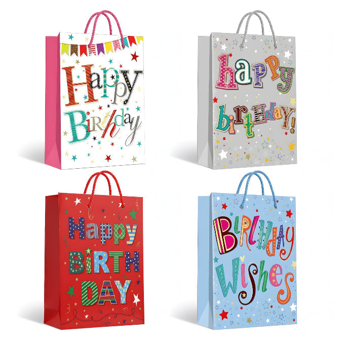 Happy Birthday Gift Bags with Handles – Pack of 12, 4 Designs, 26 x 32 cm