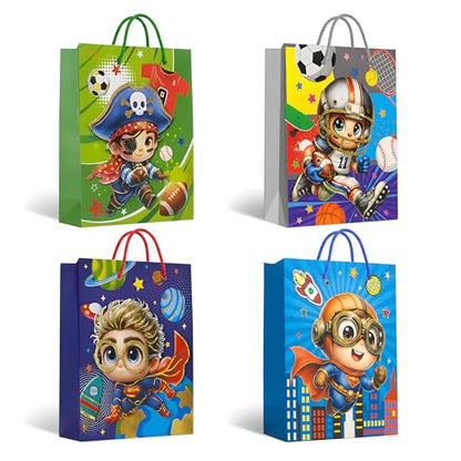 Cartoon Hero Gift Bags with Handles – Pack of 12, 4 Designs, 26 x 32 cm