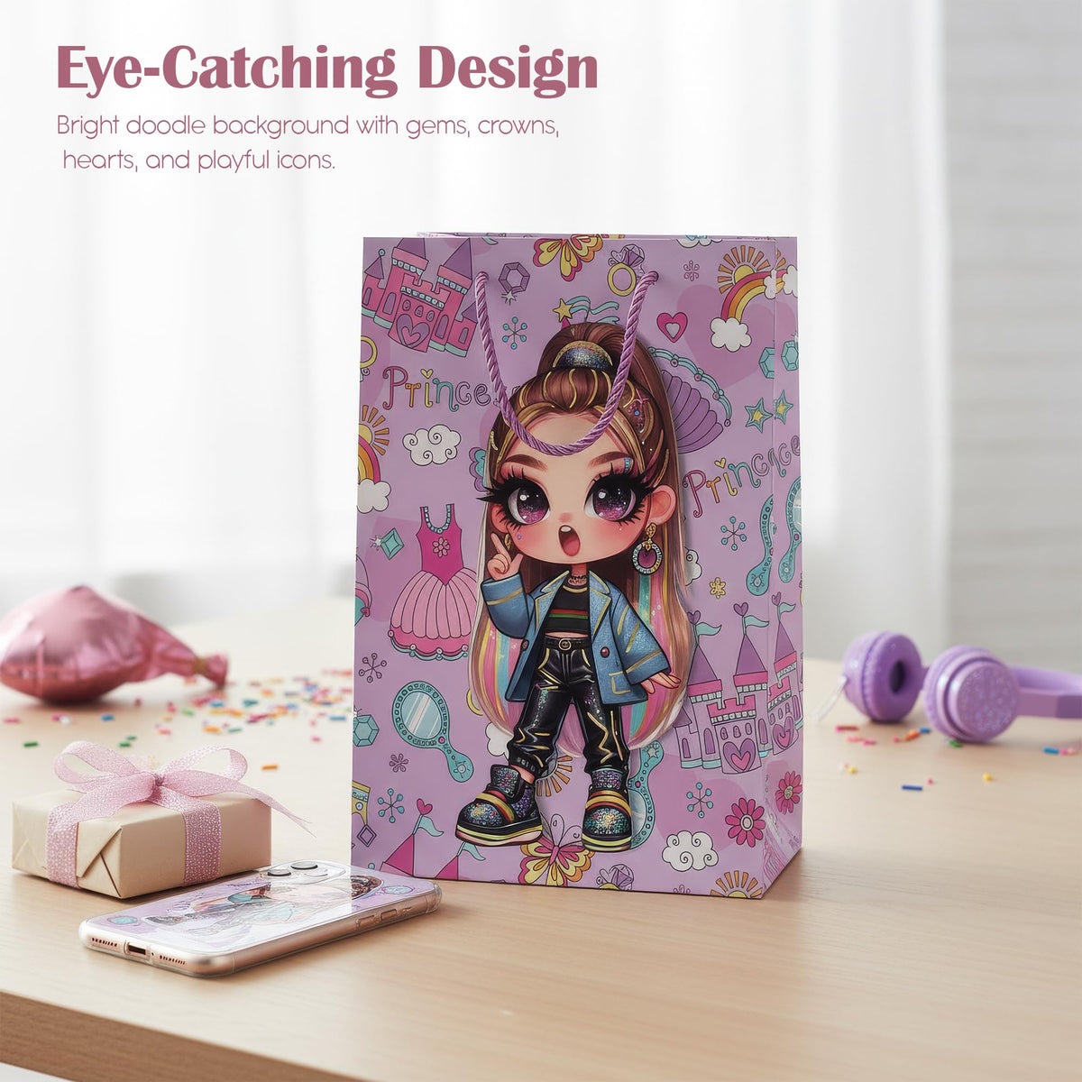 Cartoon Girl Gift Bags with Handles – Pack of 12, 2 Design Sets, 26 x 32 cm - photo 3