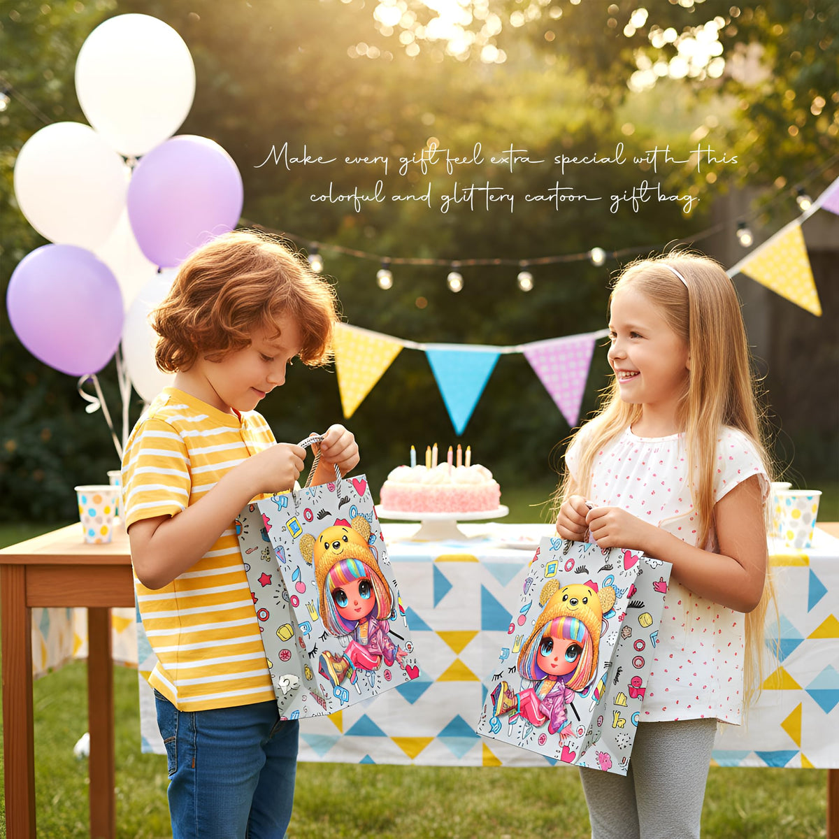Cartoon Girl Gift Bags with Handles – Pack of 12, 2 Design Sets, 26 x 32 cm - photo 5