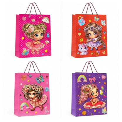 Cartoon Girl Gift Bags with Handles – Pack of 12, 2 Design Sets, 26 x 32 cm - Bright Floral Dolls