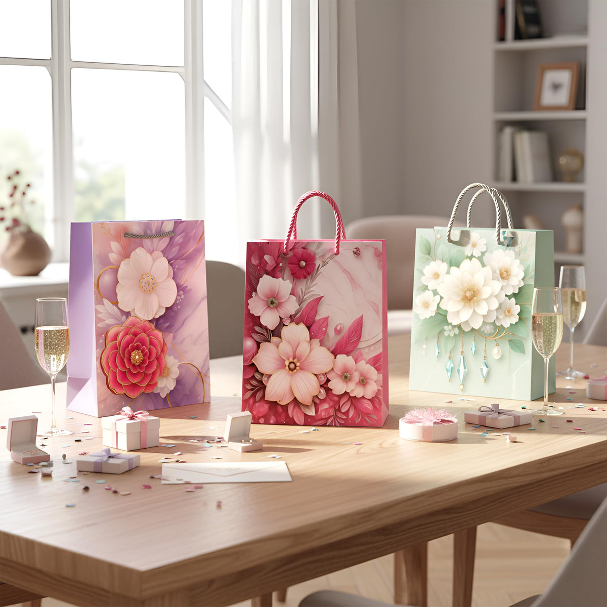 Small Floral Gift Bags with Handles – Pack of 12, 4 Designs, 18 x 23.5 cm - photo 2