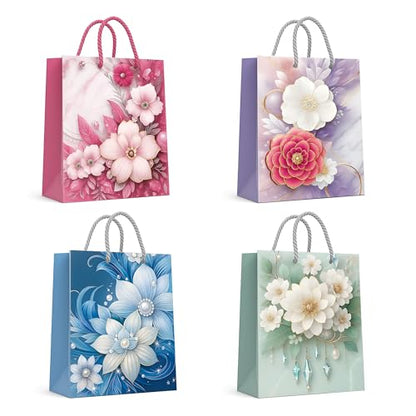 Small Floral Gift Bags with Handles – Pack of 12, 4 Designs, 18 x 23.5 cm