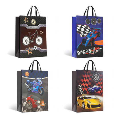 Vehicle Theme Gift Bags with Handles – Pack of 12, 4 Designs, 26 x 32 cm