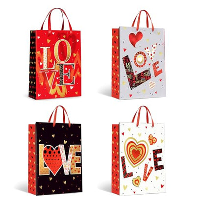 LOVE Valentine's Gift Bags with Handles – Pack of 12, 4 Designs, 30 x 39 cm