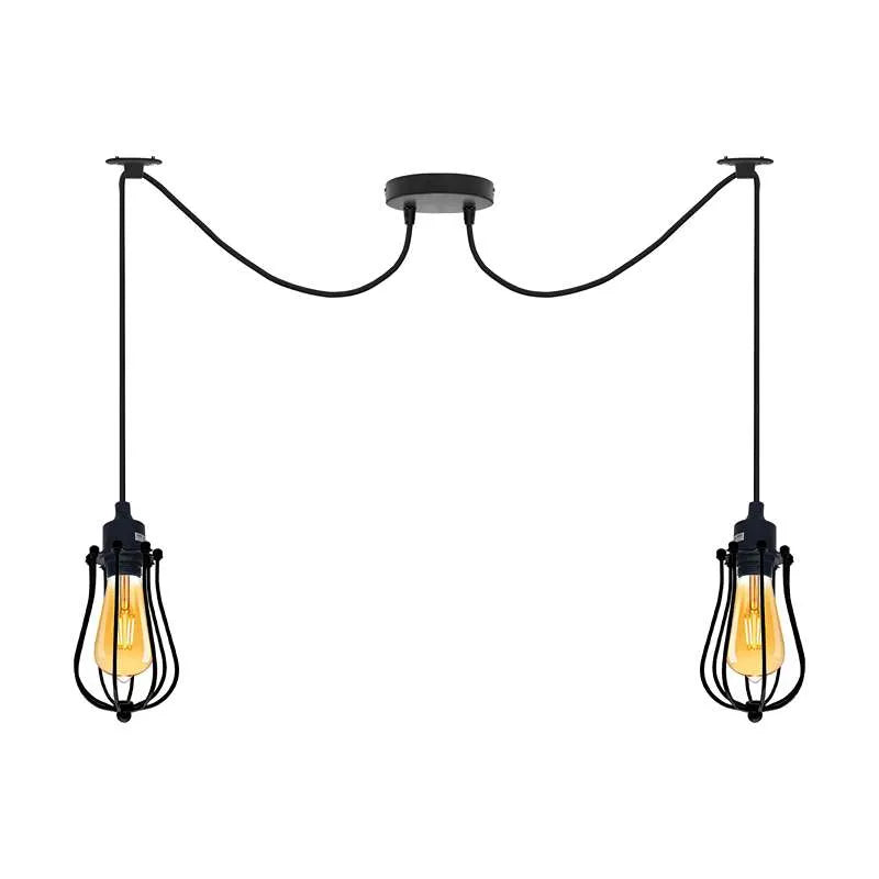 2-Light Swag Spider Pendant – Cage, Curvy or Dome Shades, E27 - Black, Balloon Cage Black, 2 x T130 LED Bulbs 4W