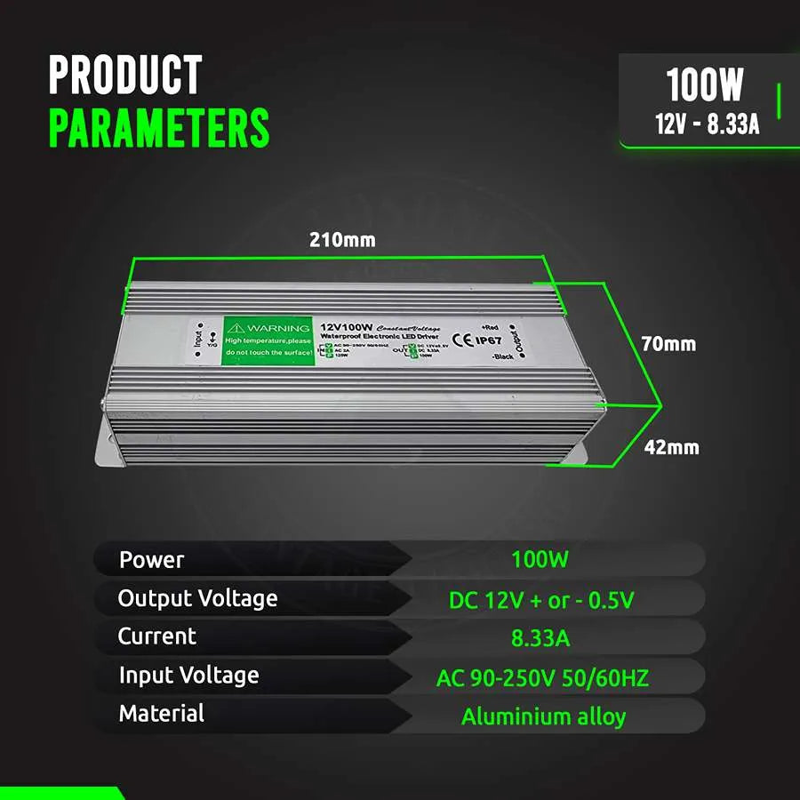 12V IP67 Waterproof LED Driver – 10W to 350W - Single, 100W