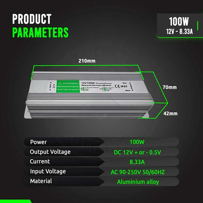 12V IP67 Waterproof LED Driver – 10W to 350W - Single, 100W