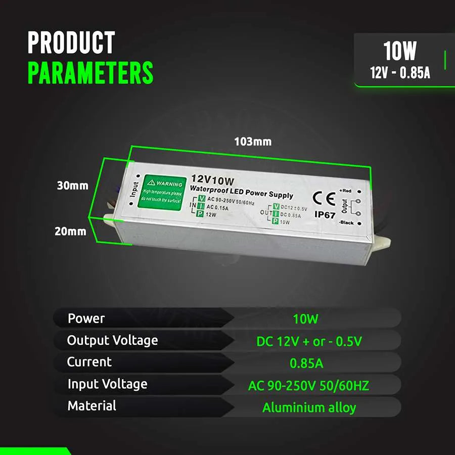 12V IP67 Waterproof LED Driver – 10W to 350W - Single, 10W