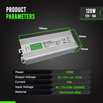 12V IP67 Waterproof LED Driver – 10W to 350W - Single, 120W