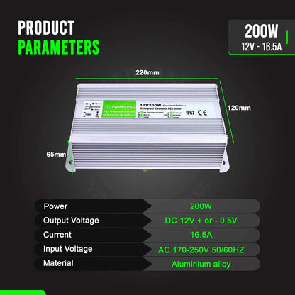 12V IP67 Waterproof LED Driver – 10W to 350W - Single, 200W