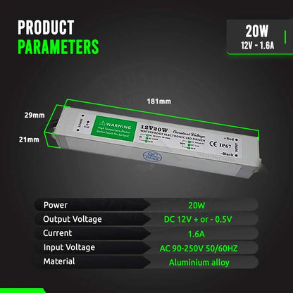 12V IP67 Waterproof LED Driver – 10W to 350W - Single, 20W