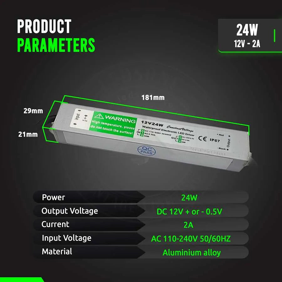 12V IP67 Waterproof LED Driver – 10W to 350W - Single, 24W