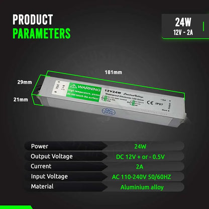 12V IP67 Waterproof LED Driver – 10W to 350W - Single, 24W