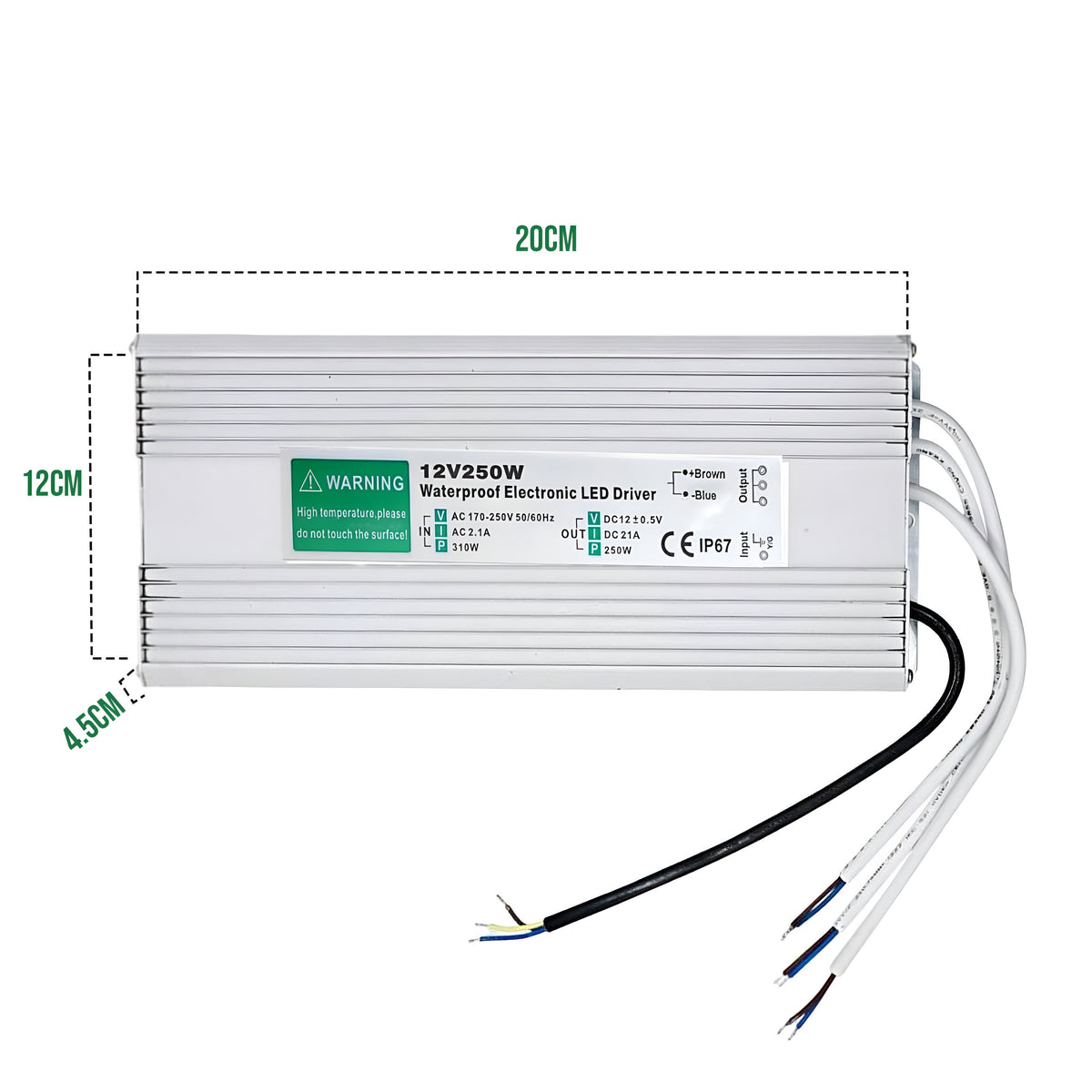 12V IP67 Waterproof LED Driver – 10W to 350W - Single, 250W