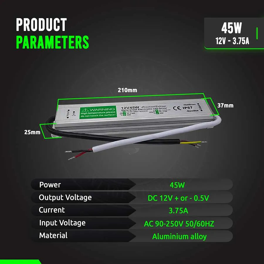 12V IP67 Waterproof LED Driver – 10W to 350W - Single, 45W