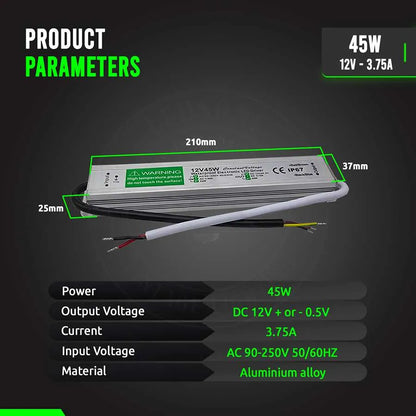 12V IP67 Waterproof LED Driver – 10W to 350W - Single, 45W