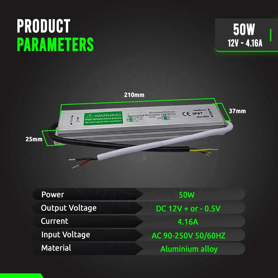 12V IP67 Waterproof LED Driver – 10W to 350W - Single, 50W