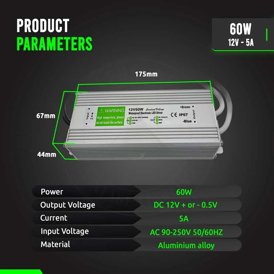 12V IP67 Waterproof LED Driver – 10W to 350W - Single, 60W