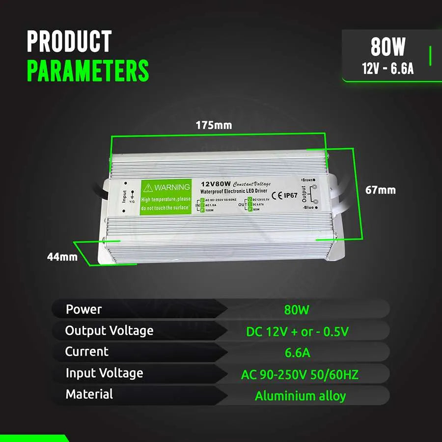 12V IP67 Waterproof LED Driver – 10W to 350W - Single, 80W