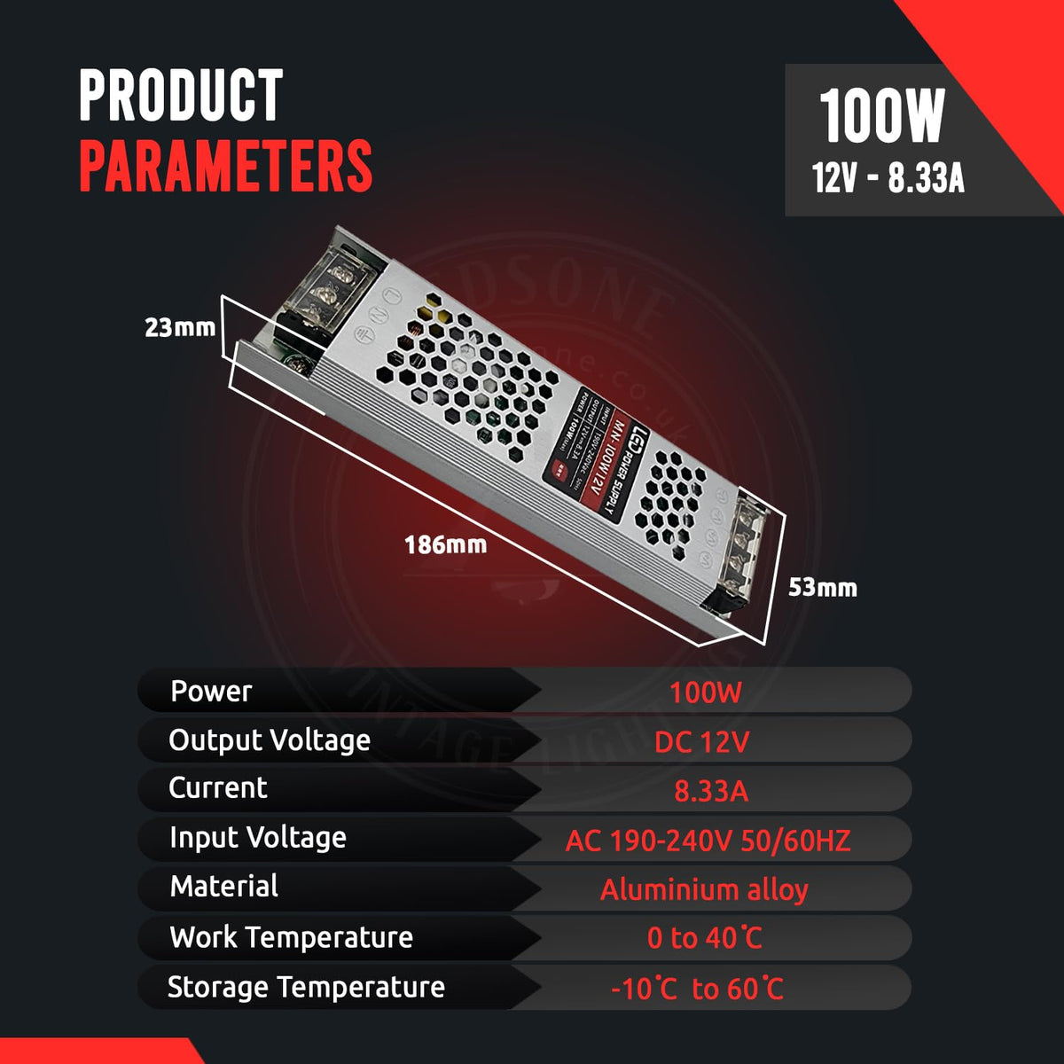 12V Slim Aluminium LED Driver IP20 – 60W to 300W - 100W, Single