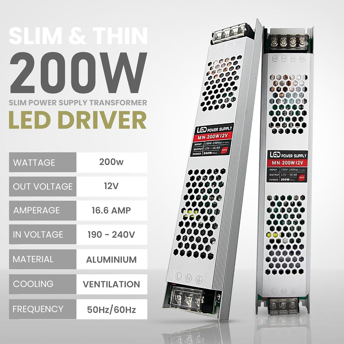 12V Slim Aluminium LED Driver IP20 – 60W to 300W - 200W, Single