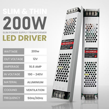 12V Slim Aluminium LED Driver IP20 – 60W to 300W - 200W, Single