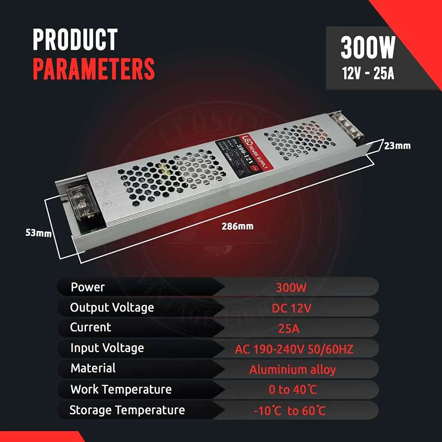 12V Slim Aluminium LED Driver IP20 – 60W to 300W - 300W, Single
