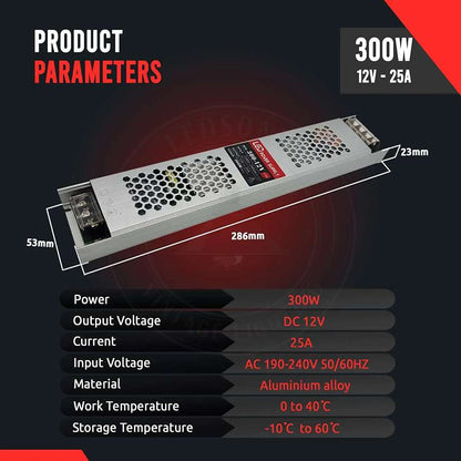 12V Slim Aluminium LED Driver IP20 – 60W to 300W - 300W, Single