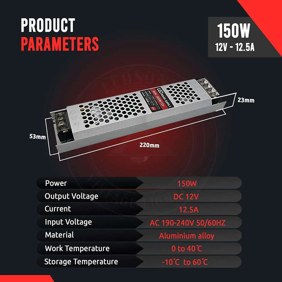 12V Slim Aluminium LED Driver IP20 – 60W to 300W - photo 4