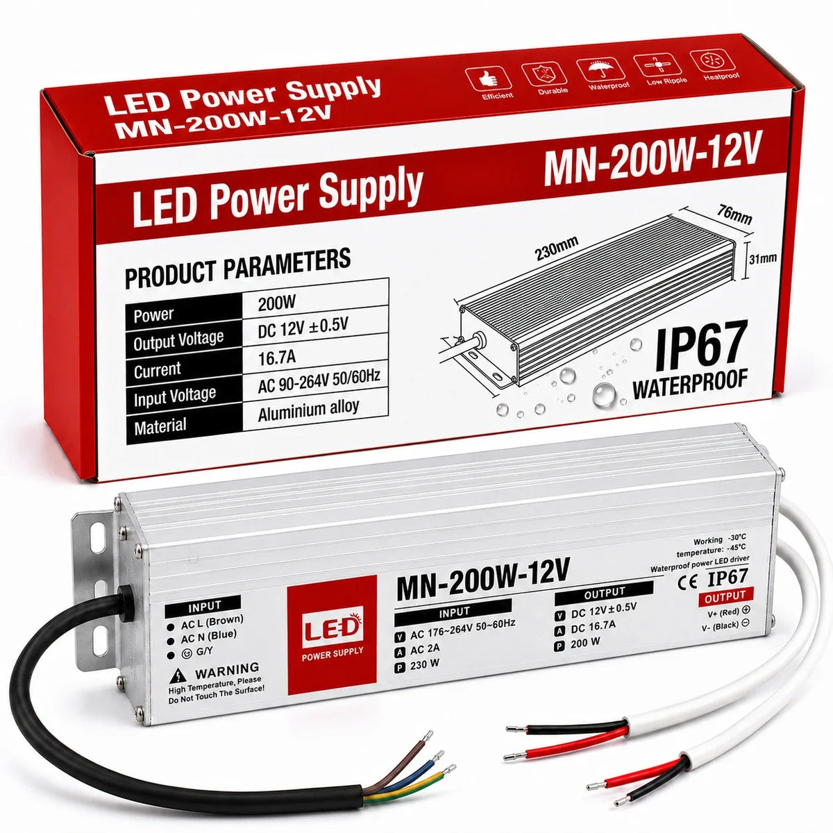 12V Ultra Slim IP67 LED Driver – 60W to 200W - 200W, Single