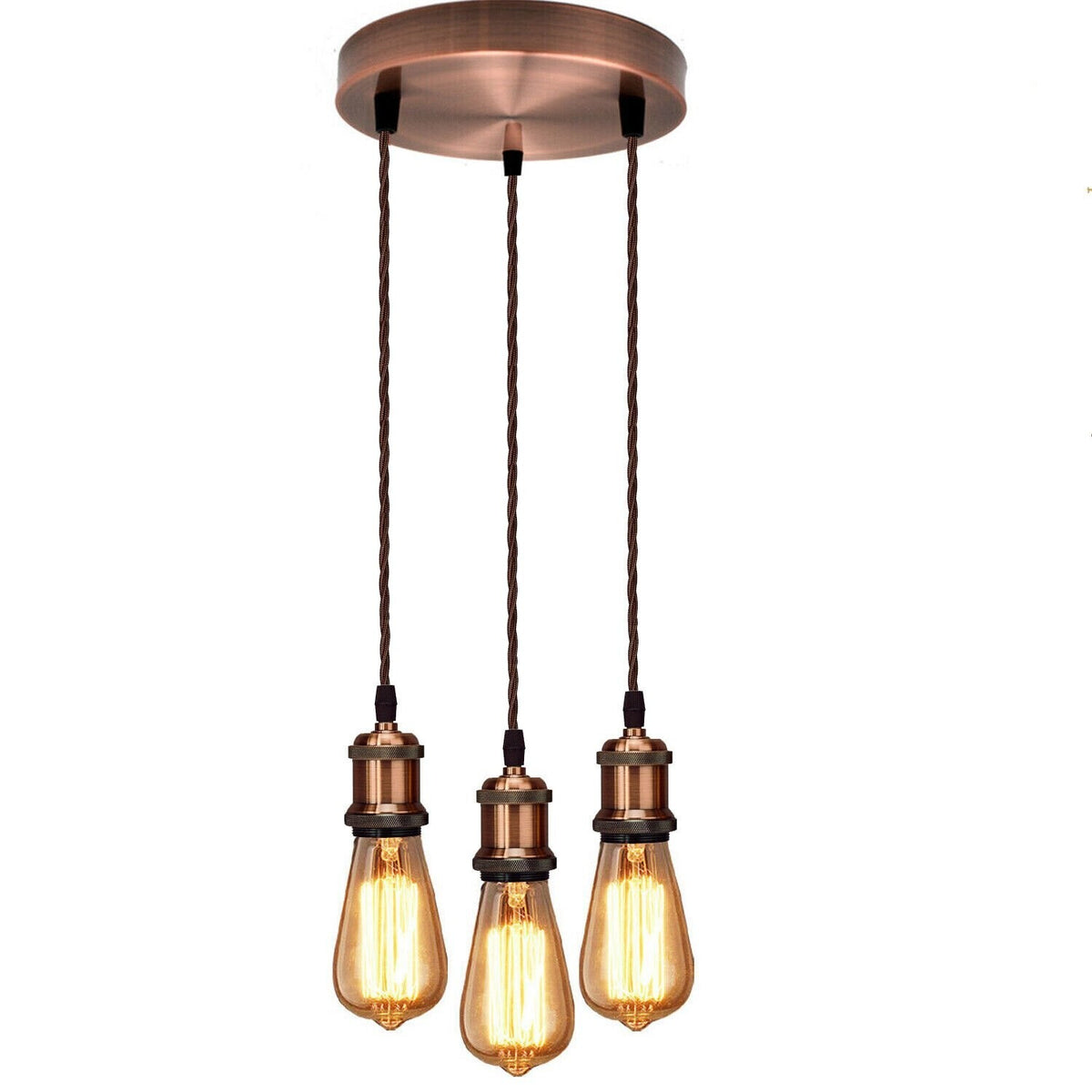 3 Light Rustic Copper Cascade Pendant – Braided Cable, Round Plate - photo 4