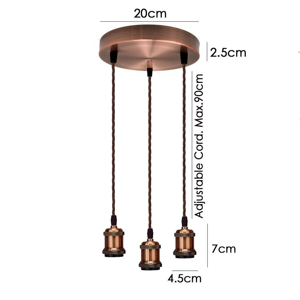 3 Light Rustic Copper Cascade Pendant – Braided Cable, Round Plate
