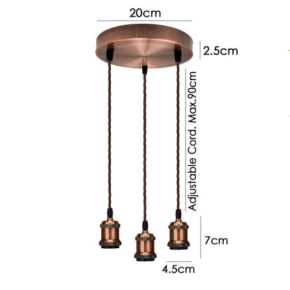 3 Light Rustic Copper Cascade Pendant – Braided Cable, Round Plate
